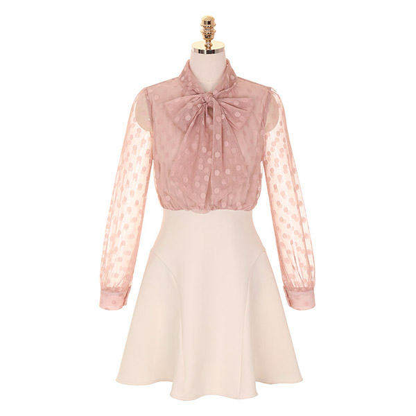 op7838 시스루 도트 패브릭 배색 디자인의 리본타이 플레어 미니원피스 dress