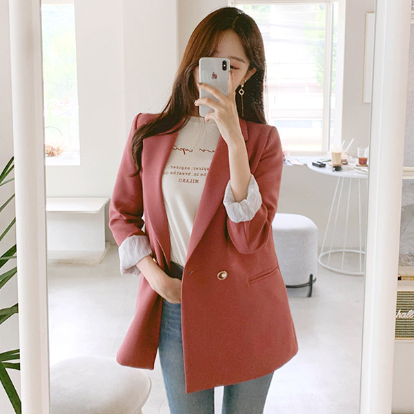 jk1011 로맨틱한 골드 진주 버튼 장식의 테일러드 카라 미디 자켓 jacket