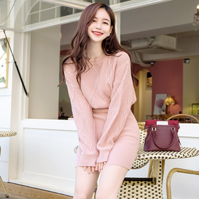 op7856 사랑스러운 컬러구성의 잔 꽈배기 패턴 올인원 니트원피스 dress