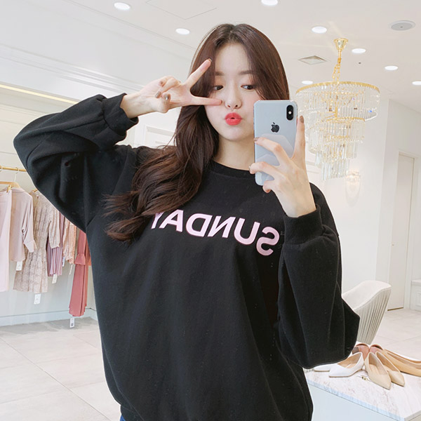 ts1827 러블리한 요일 레터링 프린팅의 드롭 숄더 라인 루즈핏 맨투맨 티셔츠 tee