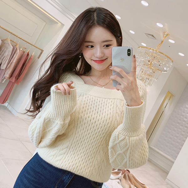 nt1889(A) 페미닌한 청순 데일리룩을 선사할 꽈배기 니트 짜임의 스퀘어넥 퍼프소매 니트 스웨터 knit