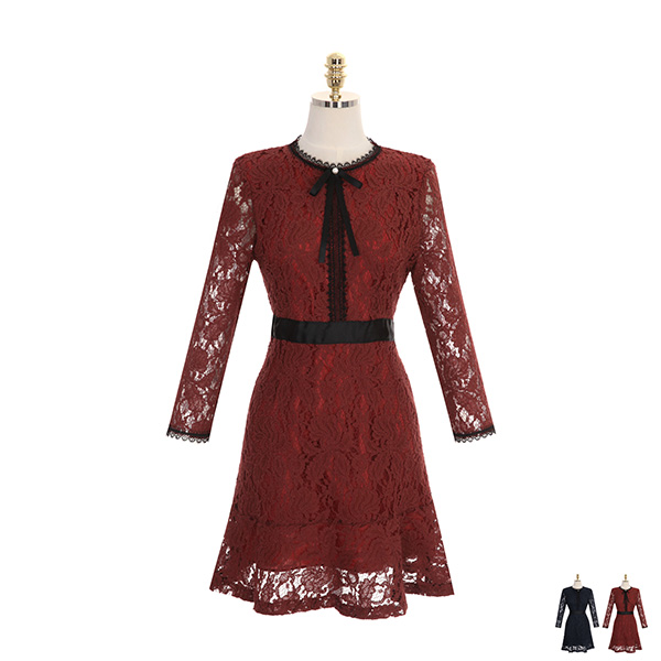 op7869 고급스러운 레이스 소재의 브로치 세트구성 8부 소매 미니원피스 dress