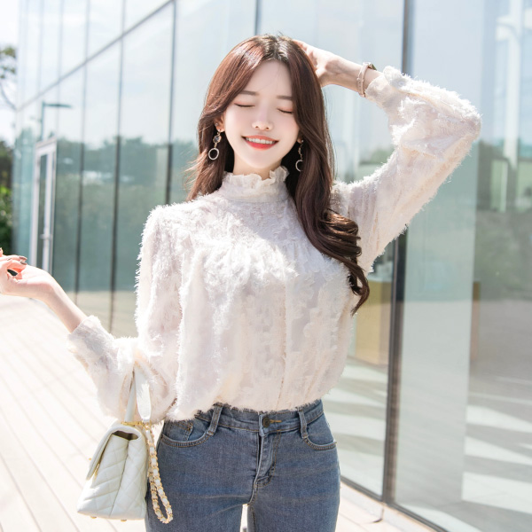 bs4728 사랑스러운 페더 패브릭의 하이넥 프릴 퍼프소매 엔젤 블라우스 blouse