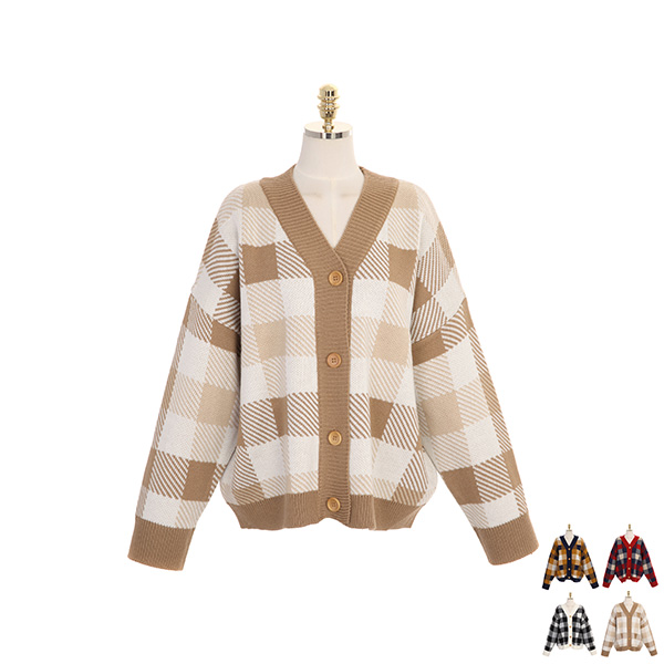 cd1187 클래식한 빅 체크 패턴의 배색 니트 짜임 루즈핏 니트 가디건 cardigan