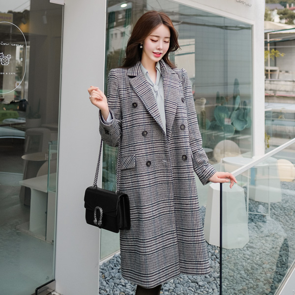 ct1024 세련미 가득한 플레이드 체크 패턴의 더블 버튼 장식의 테일러 롱 코트 coat