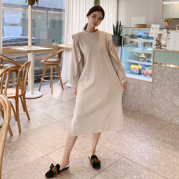 op7901 발랄한 소녀 무드의 프릴 소매 라운드 넥 캐주얼 롱 드레스 dress