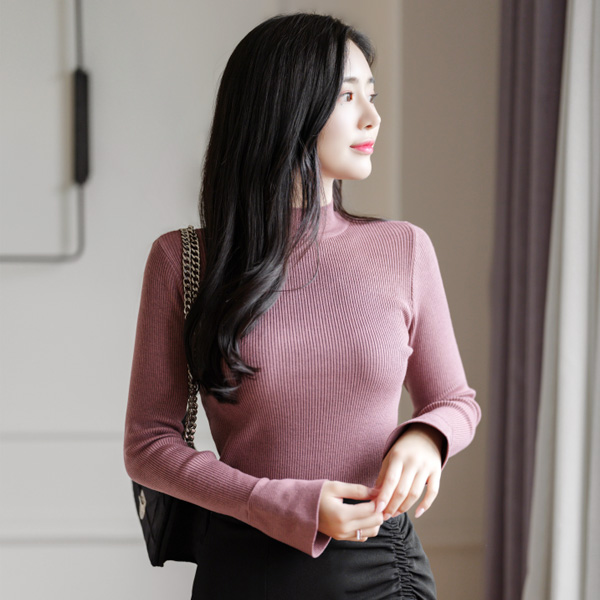 nt1903 나팔 커프스와 반 하이 네크라인의 슬림핏 니트티 knit