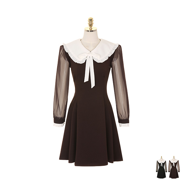 op7913 러블리한 프릴 세일러 카라가 달린 시스루 쉬폰 소매 A라인 미니 드레스 dress