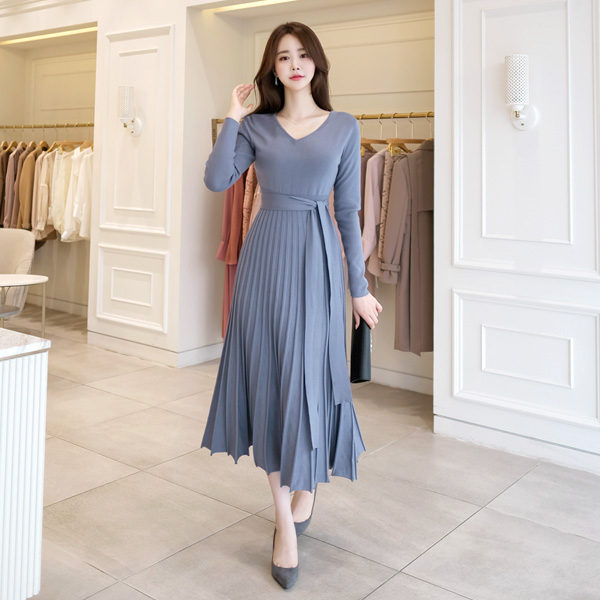 op7940 플리츠 주름장식의 브이넥 A라인 롱 니트 원피스 dress
