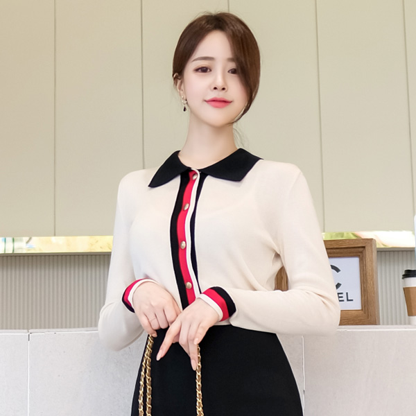 cd1205 포인트있게 입을 수 있는 배색 카라 니트 가디건 cardigan