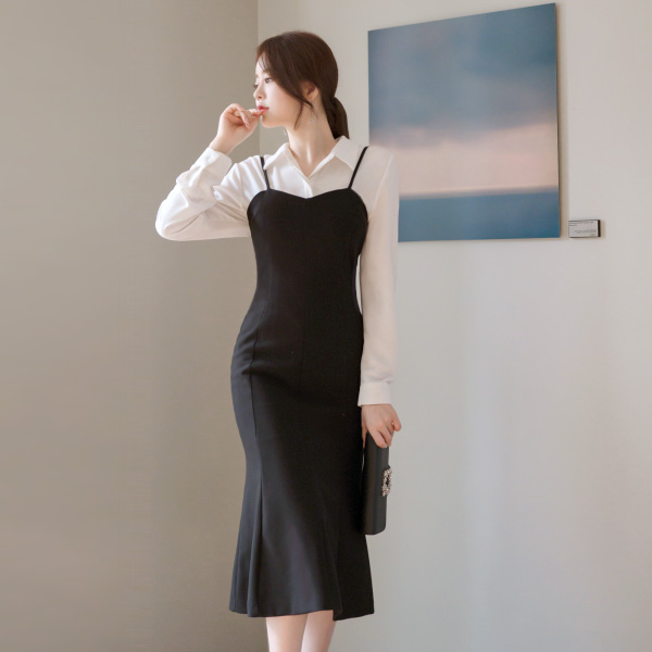 op7938 슬림핏 머메이드라인 슬리브리스 롱 뷔스티에 원피스 dress