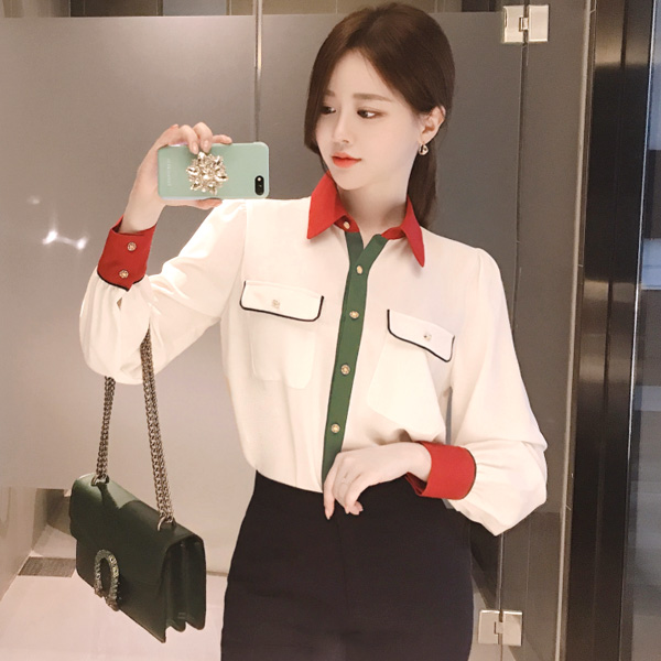 bs4742 트렌디한 명품룩을 완성해줄 포켓 배색 카라 블라우스 blouse
