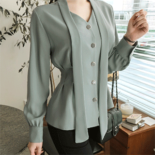 세련된 분위기의 동일 컬러 금장버튼 타이 리본 겨울 블라우스 blouse