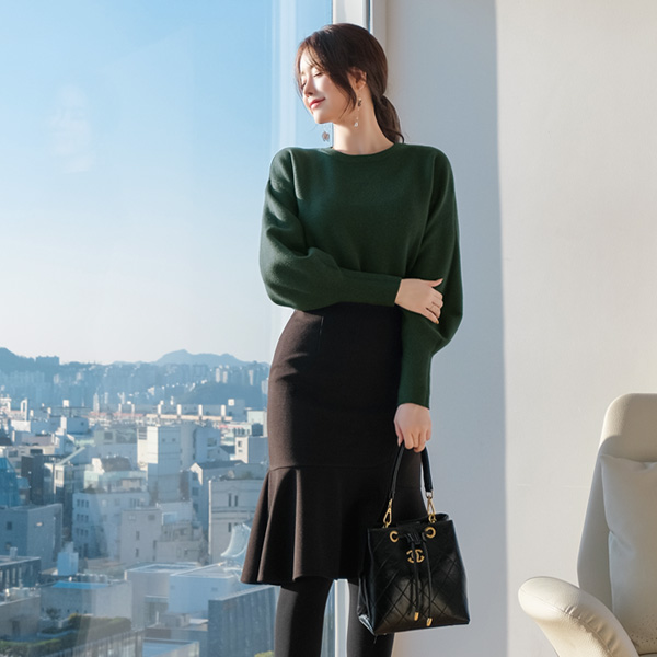 sk3781 페미닌무드의 따뜻한 겨울용 언밸런스 슬릿 미디스커트 skirt
