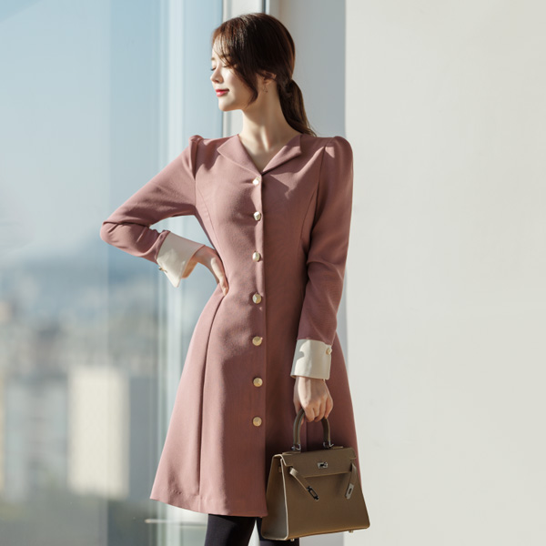 op7957 여성스러운 실루엣의 금장버튼 오픈카라 플레어 원피스 dress