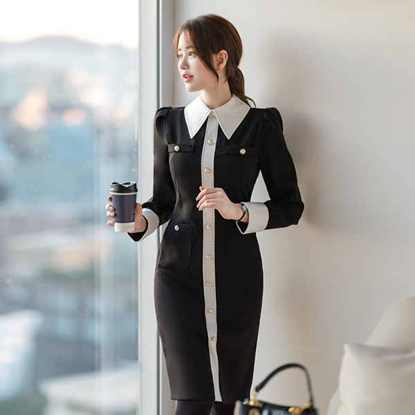op7958 명품브랜드 감성의 클래식 금장버튼 스티치 카라 원피스 dress