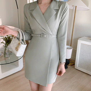세련된 더블카라넥 디자인의 벨트세트 H라인 슬림핏 미니원피스 dress