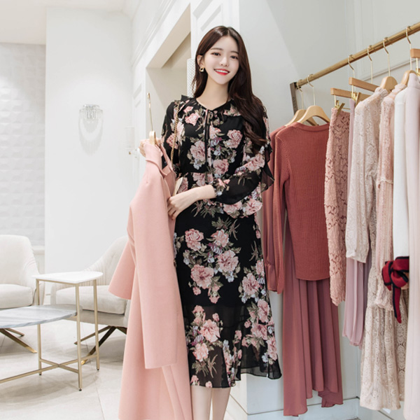 op7964(A) 프릴넥과 프릴소매로 사랑스러움 가득담은 넥리본 롱 쉬폰 플라워 원피스 dress