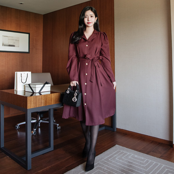 op7970 리본 스트랩 구성의 금장 진주버튼 장식 카라 롱 원피스 dress