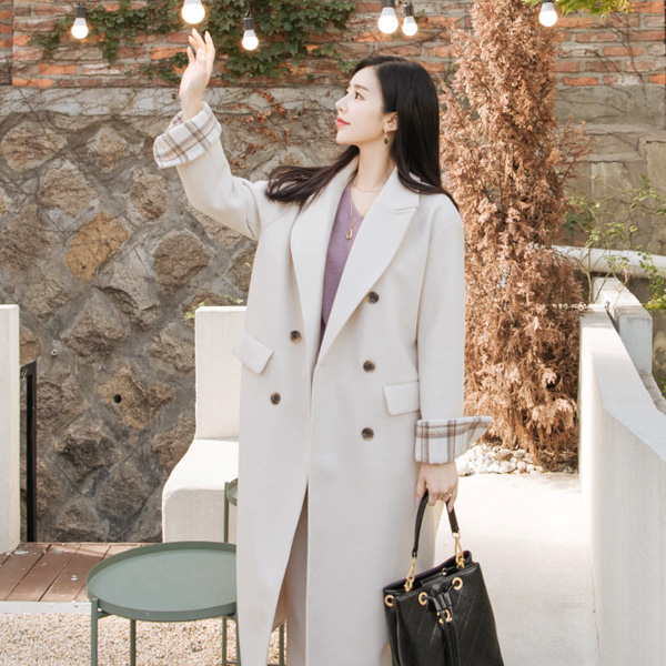 ct1058 도톰하고 박시한 핏의 체크 롤업 소매 포인트 더블 버튼 코트 coat