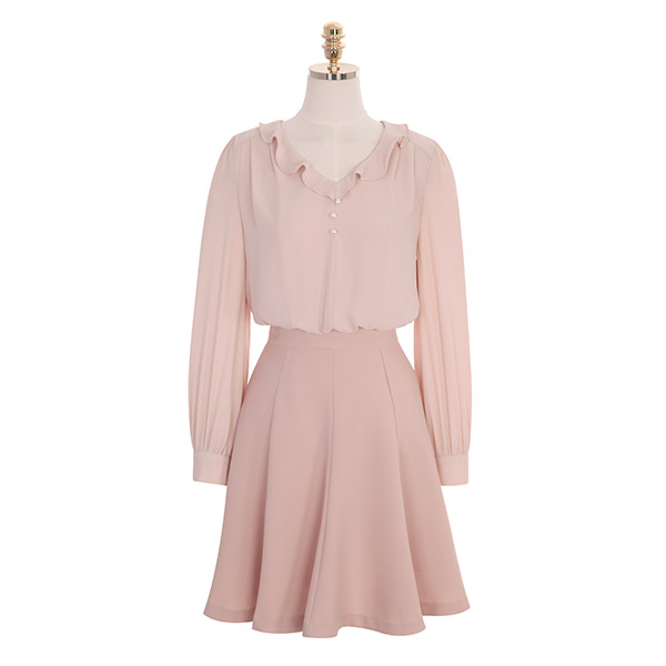 op7995 페미닌한 무드의 진주장식 포인트 프릴넥 A라인 미니 드레스 dress