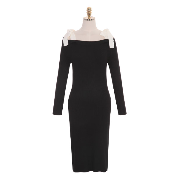 op7997 쫀쫀한 골지 니트로 제작된 리본끈 서스펜더 H라인 롱 드레스 dress