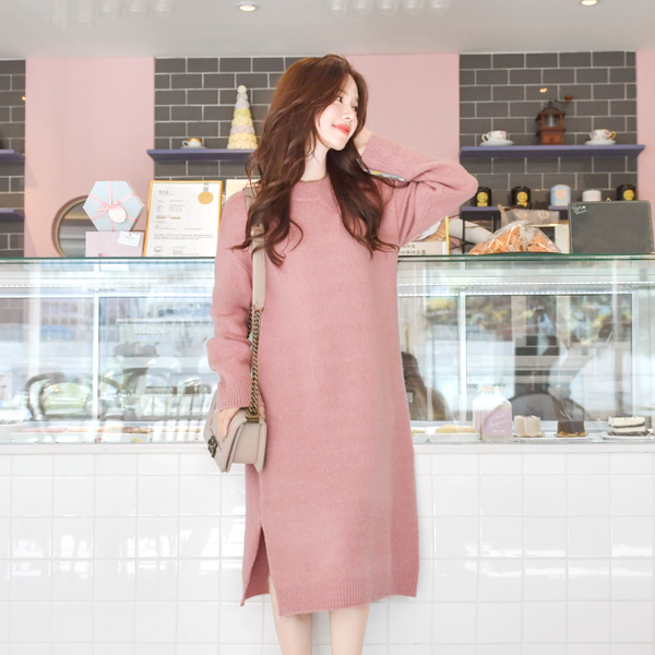 op7992 캐쥬얼 데일리룩으로 좋은 반목넥의 루즈핏 롱 니트원피스 dress