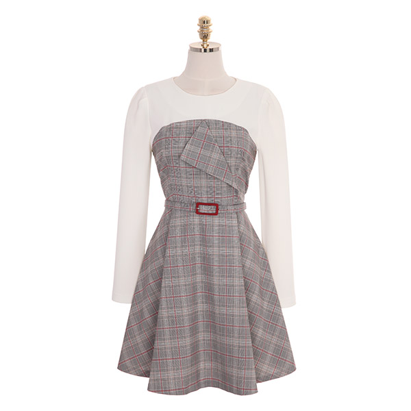 op8001 단정한 체크 배색이 들어간 벨트 세트구성 A라인 미니 드레스 dress
