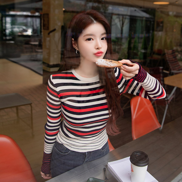 ts1845 쫀쫀한 신축성의 컬러배색 포인트 스트라이프 골지니트티 tee