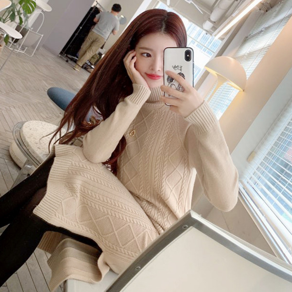 op8025 마카롱 필링처럼 쫀쫀한 신축성의 꽈배기패턴 폴라원피스 dress