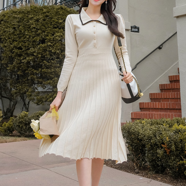 op7986 단정하면서 여성스러운 배색 카라 롱 플리츠 니트 원피스 dress