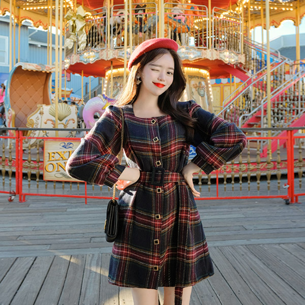 op7980 감각적이고 러블리한 벨트 세트 미니 울 원피스 dress
