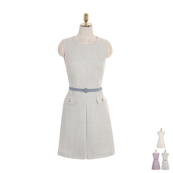 op8009 명품 디자인의 진주장식 벨트 포함 트위드 슬리브리스 미니 드레스 dress