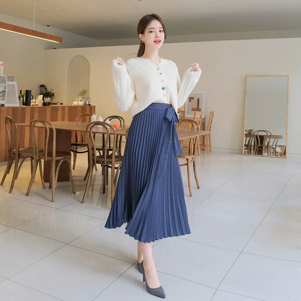 sk3803 은은한 광택감의 리본 장식 플리츠 주름 롱 스커트 skirt