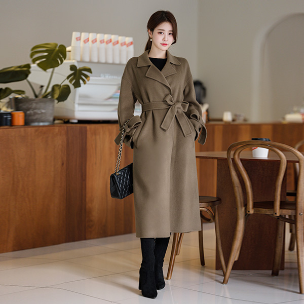 ct1066 스타일리쉬한 소매 리본 포인트의 핸드메이드 맥시 울코트 coat