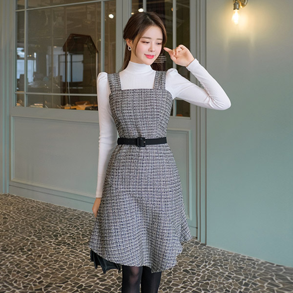 op8013 밑단 언발 러플 쉐입과 트위드 패브릭의 벨트세트 뷔스티에 원피스 dress