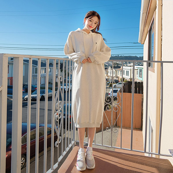 op7989 여유있는 사이즈의 이지웨어 코튼 기모 후드 롱 원피스 dress