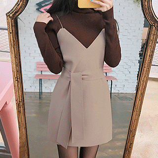 겨울 레이어드룩으로 딱 좋은 벨트세트 미니 뷔스티에 서스펜더원피스 dress 벚꽃룩