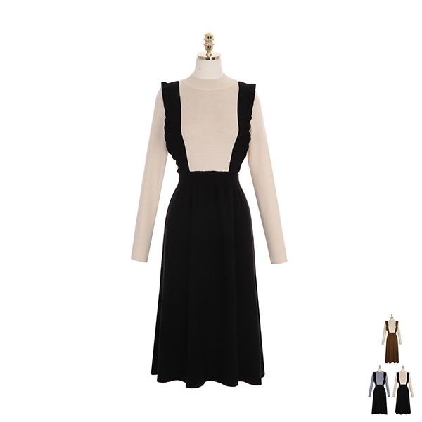 op8020 코디 걱정할 필요없는 서스펜더 원피스 배색의 라운드넥 니트 롱 드레스 dress