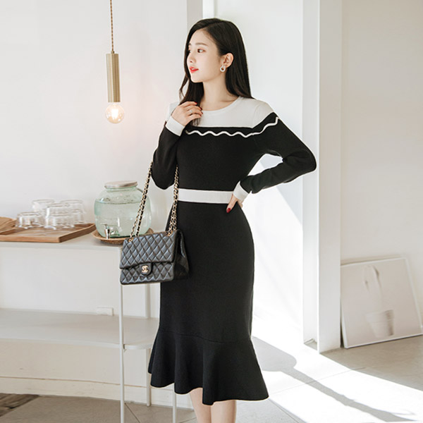 op8032 러블리하고 우아한 물결 라인 포인트의 머메이드 배색 니트 롱 원피스 dress