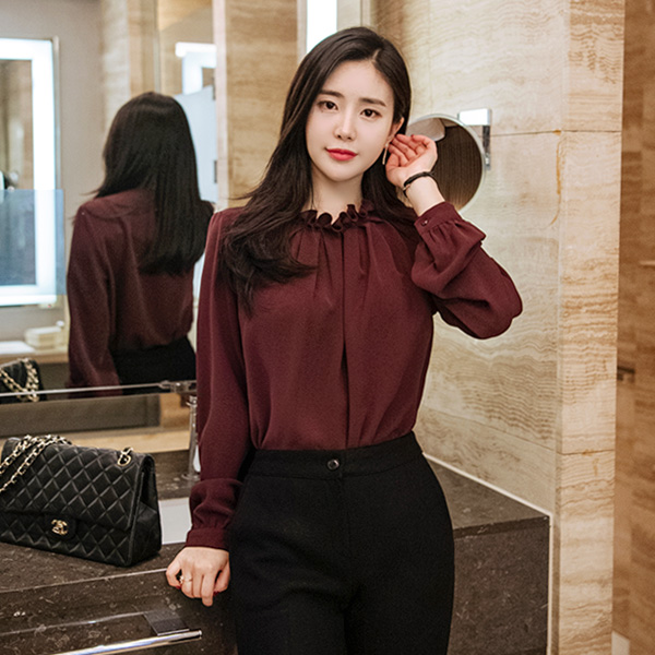 bs4773 프릴 맞주름 포인트의 반 하이넥 쉬폰 블라우스 blouse