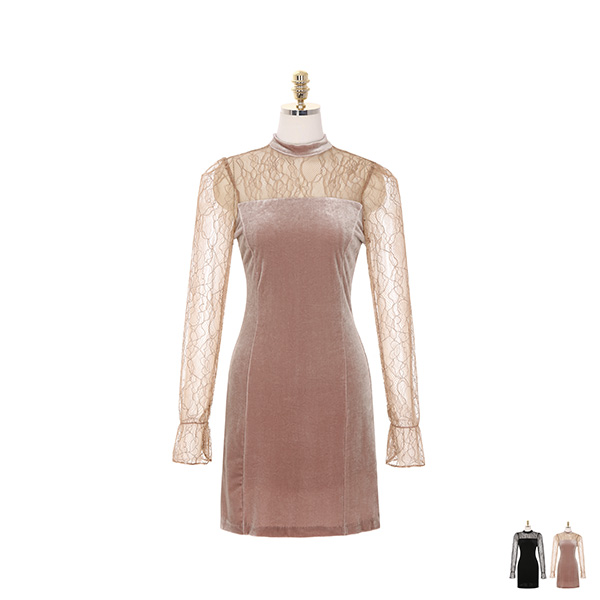 op8066 연말 파티룩으로 제격인 시스루 레이스와 벨벳 패브릭의 A라인 미디 드레스 dress