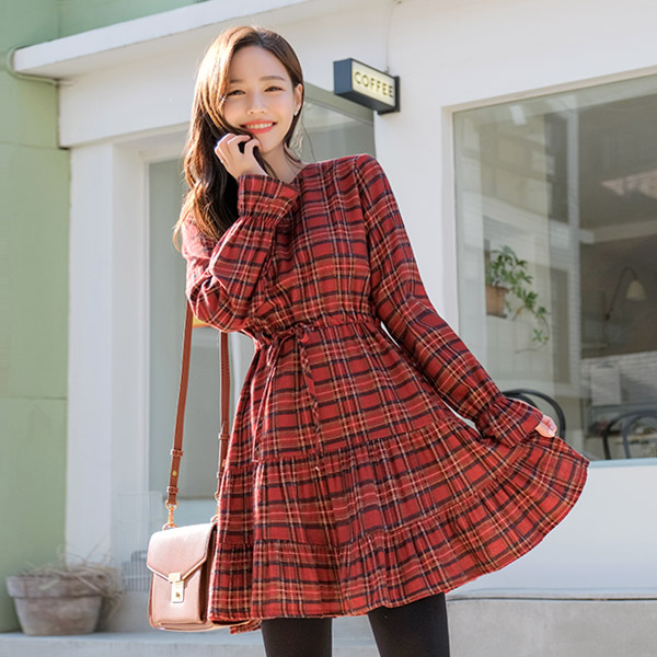 op8049 겨울에도 따뜻한 기모원단의 허리스트링 러블리 체크원피스 dress