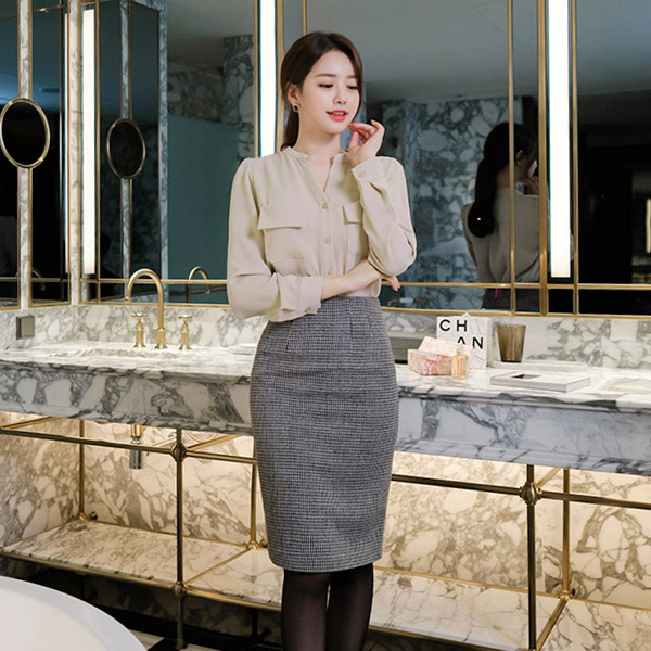sk3818 부드러운 원단의 잔체크 h라인 미디 스커트 skirt