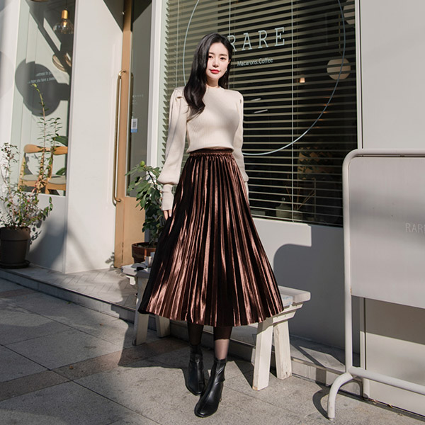 sk3820 블링블링 은은한 펄감의 허리 밴딩 플리츠 벨벳 스커트 skirt
