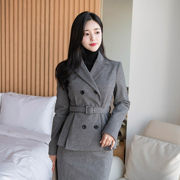 jk1048 소프트 헤링본 패턴과 벨트 세트 구성의 페플럼 더블 버튼 재킷 jacket