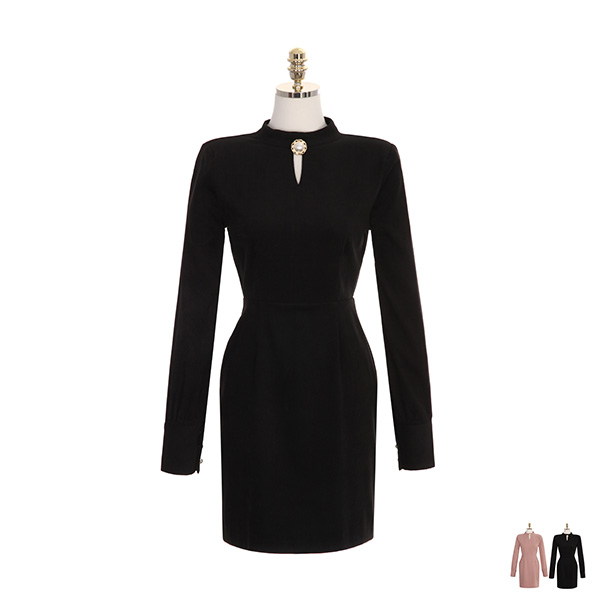 op8069 고급스러운 진주 장식 포인트의 하이넥 코듀로이 H라인 미니 드레스 dress