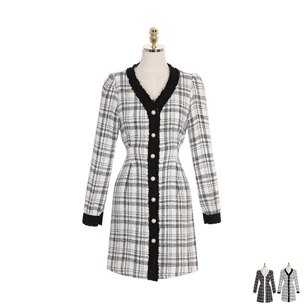 op8097 고퀄리티 트위드 소재로 제작된 V넥 진주버튼 A라인 미니 드레스 dress
