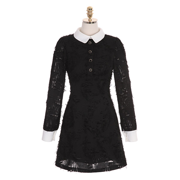op8091 연말 파티룩으로 제격인 깃털 포인트의 시스루 카라 A라인 미니 드레스 dress