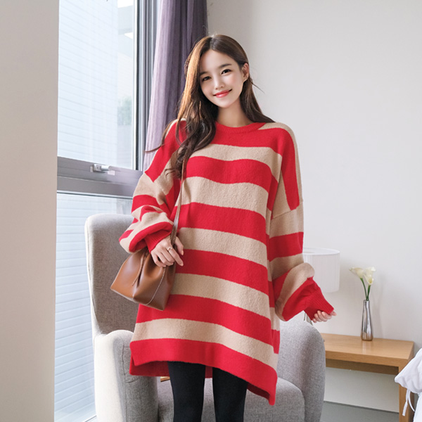 nt1959 안아주고싶은 귀여운 아방핏의 단가라패턴 라운드넥 롱 니트티 knit